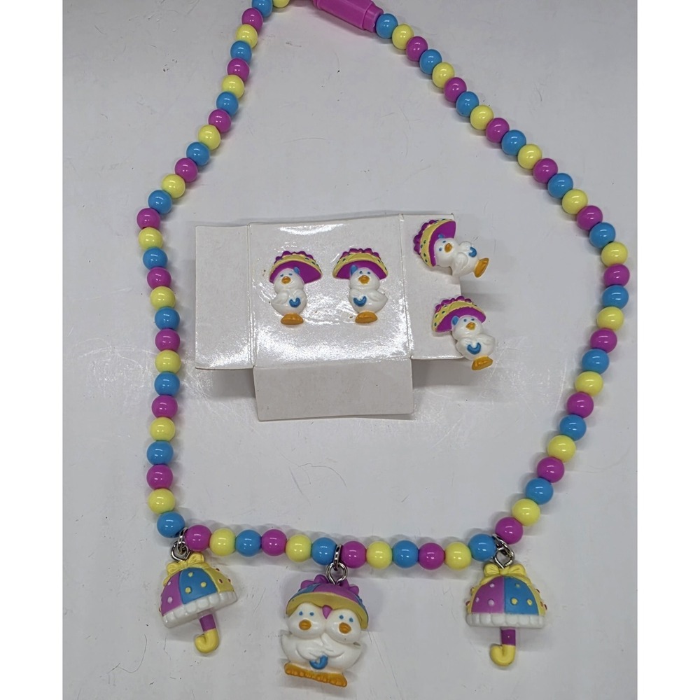 Vintage Avon Kids Rainy Day Ducks Necklace With Pierced And Clip on Earrings